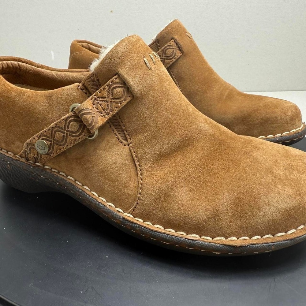 UGG Australia 1931 Chestnut Suede Clogs Women 7 Tan Shearling Lined Slip On
